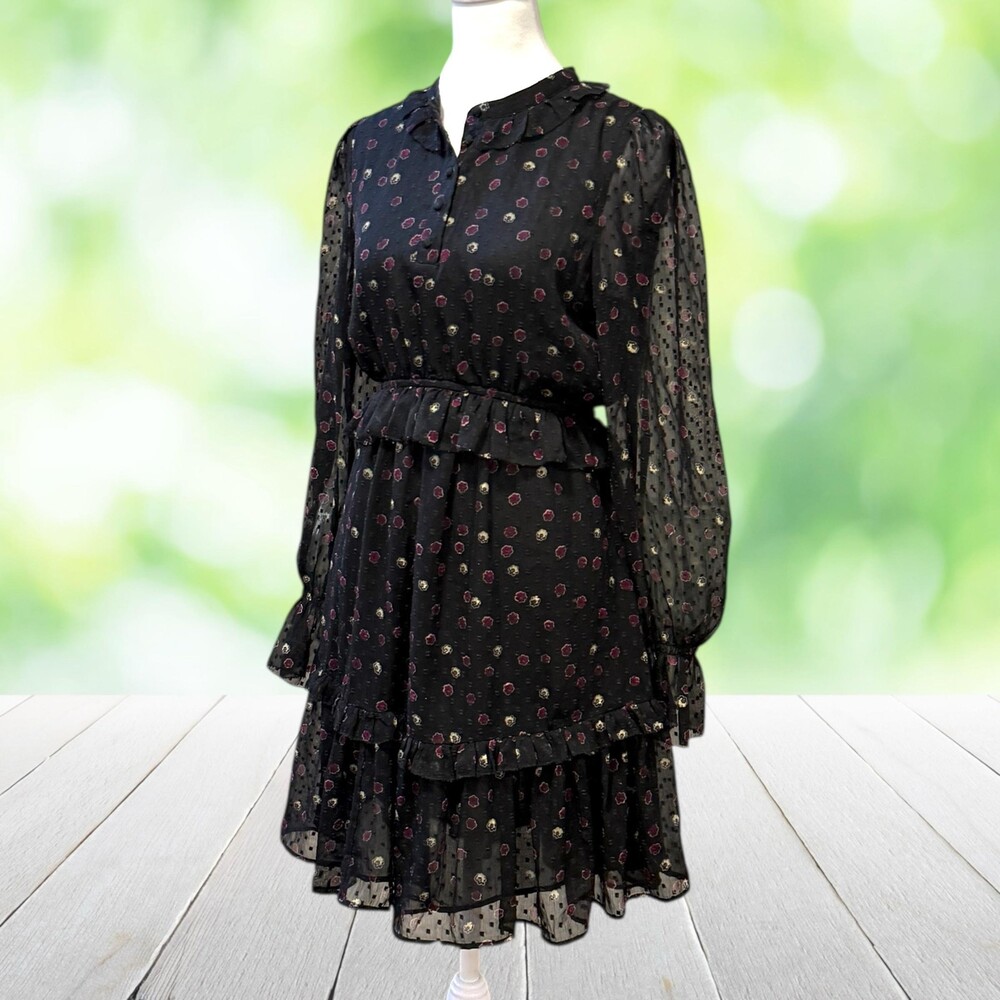 & OTHER STORIES Swiss Dot Chiffon Dress Black Floral Ruffle Sheer Romantic Sz 6